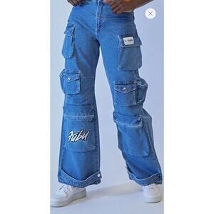 Fubu 05 x Forever 21 Baggy Jeans Sz S Wide Horseshoe Leg Grunge Raver Skater Y2K